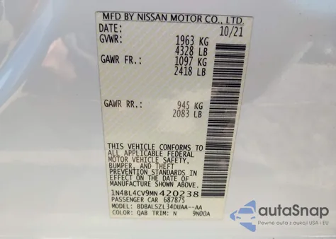 2021 Nissan Altima Sr Fwd z USA, uszkodzony, nr VIN 1N4BL4CV9MN420238